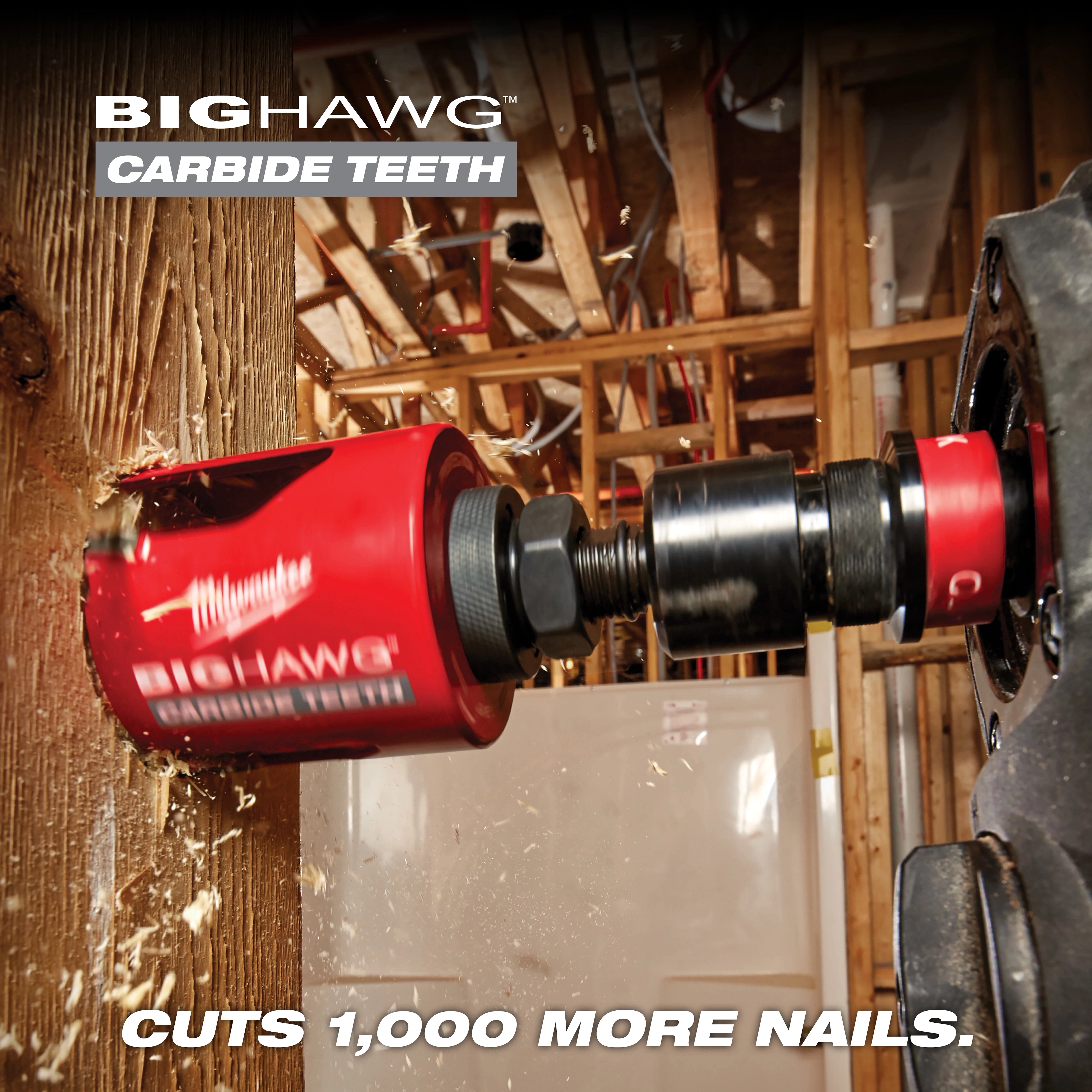 The BIG HAWG USP is shown drilling into a wooden beam, highlighting its carbide teeth technology. Text on the image states that it cuts 1,000 more nails.