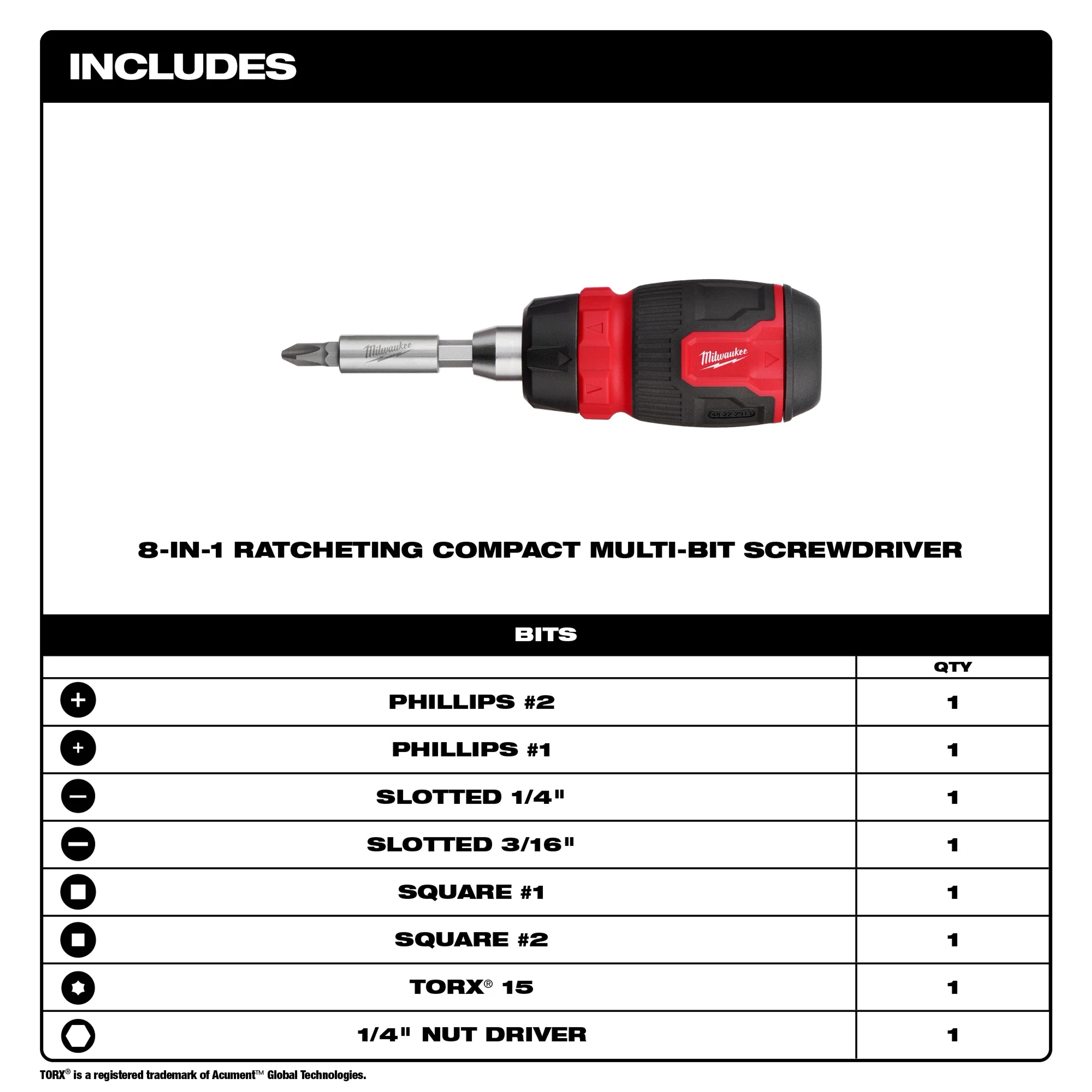 2pc 14-in-1 Ratcheting Multi-Bit and 8-in-1 Ratcheting Compact Multi-bit Screwdriver Set includes various Phillips, slotted, square, Torx bits.