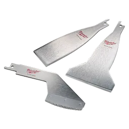 Milwaukee 49-22-5403 Primary Image features three metallic scraper blades with three distinct shapes. Two blades have angular designs with varying lengths, while the third is rectangular. All blades are silver with red Milwaukee logos and part numbers engraved on them.