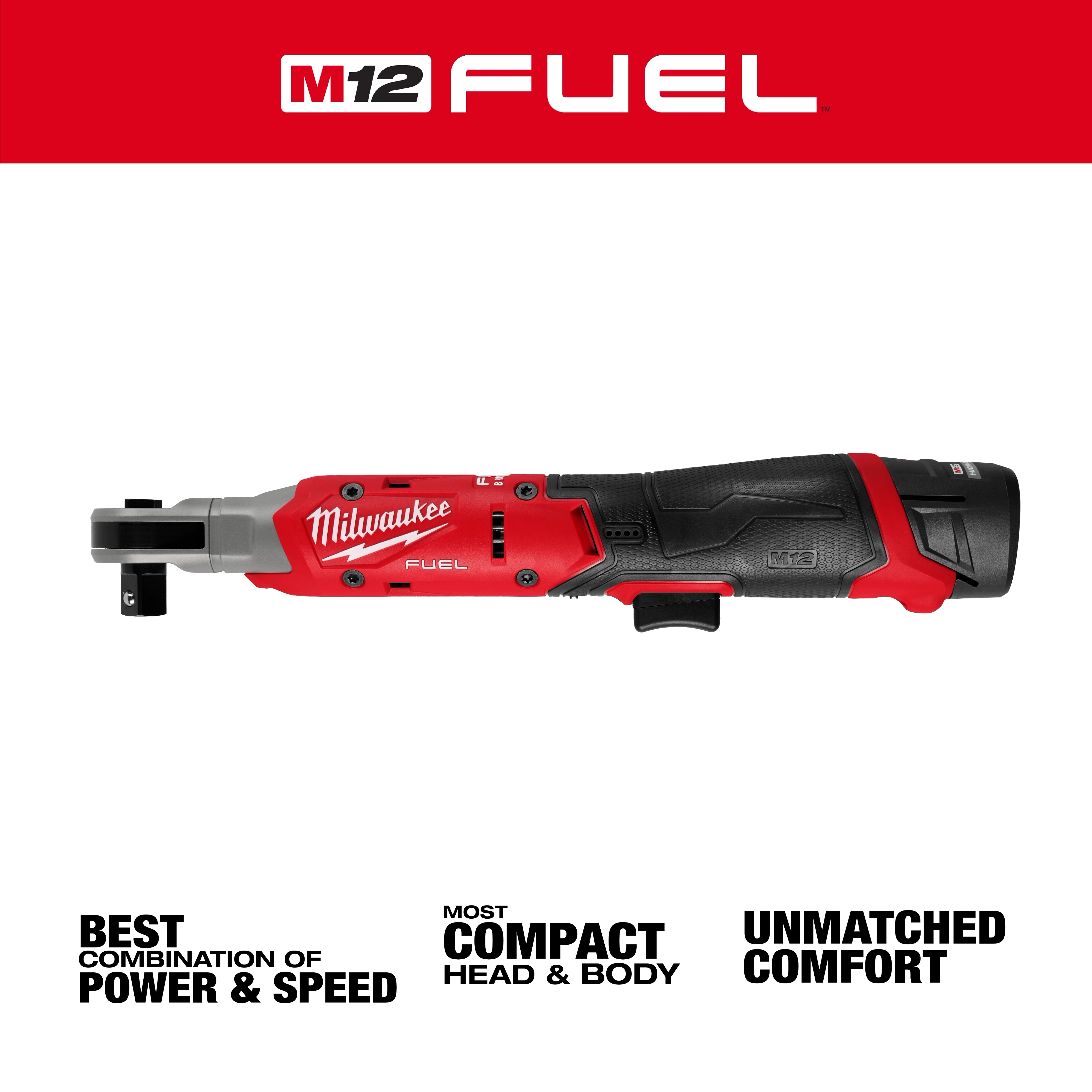 Milwaukee's M12 FUEL™ 1/2" Ratchet is displayed against a white background. The power tool features a black and red body with ergonomic grip, highlighting its compact design and comfort. Marketing text at the bottom promotes its combination of power, speed, and unmatched comfort.