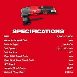 M12 FUEL 16 Gauge Scroll Shear displayed above a red specifications list on a solid red background.