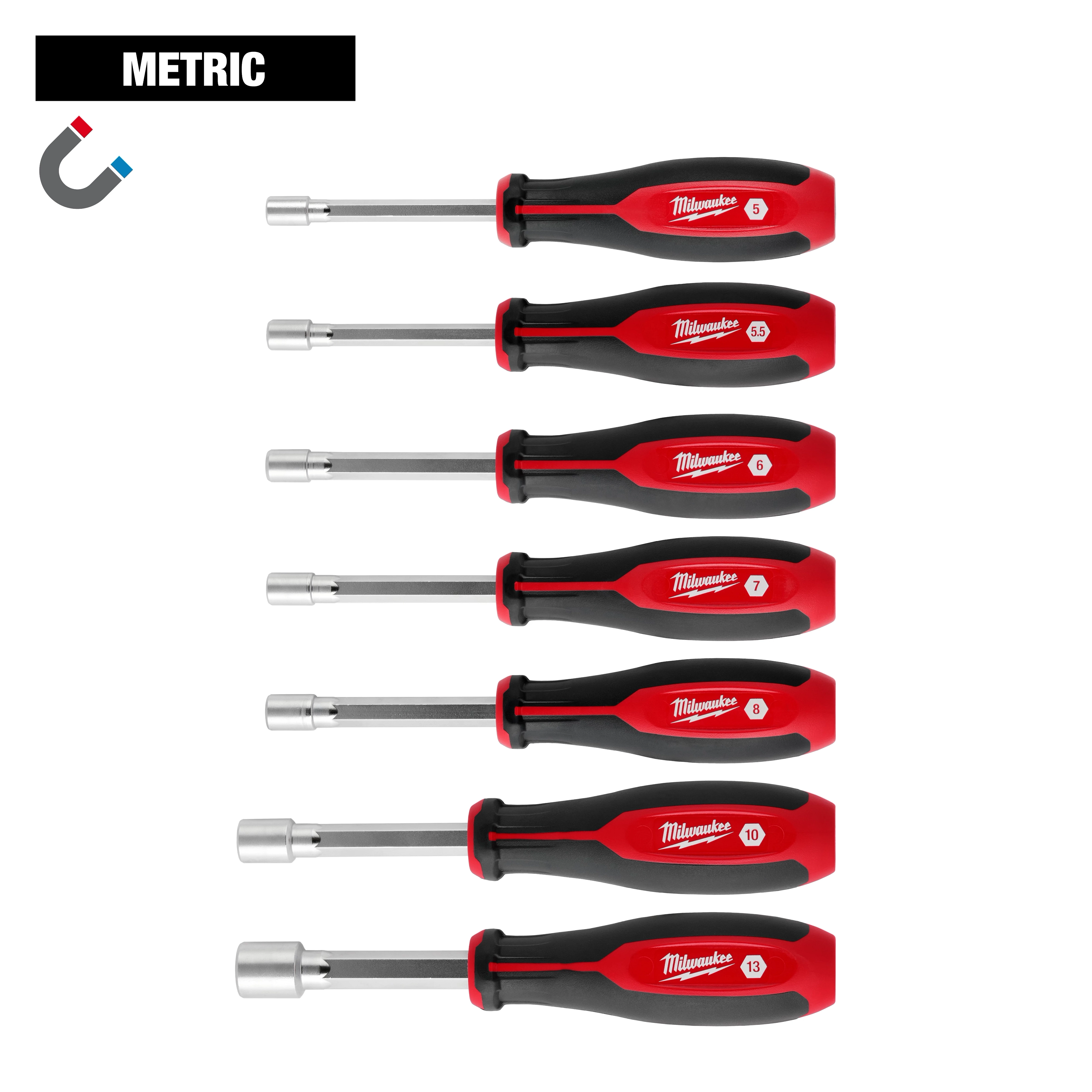 7-piece Metric HollowCore Magnetic Nut Driver Set with black and red handles, featuring sizes from 5mm to 13mm.