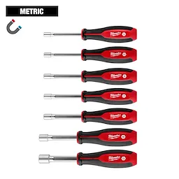 7-piece Metric HollowCore Magnetic Nut Driver Set with black and red handles, featuring sizes from 5mm to 13mm.