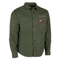 The GRIDIRON Flannel Shirt is a green, long-sleeved, button-up shirt with two chest pockets. It features black buttons and a classic collar.