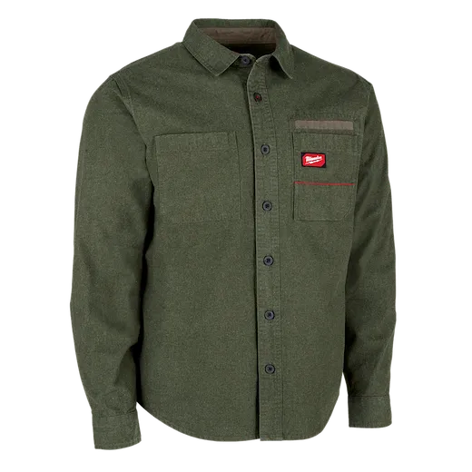 The GRIDIRON Flannel Shirt is a green, long-sleeved, button-up shirt with two chest pockets. It features black buttons and a classic collar.