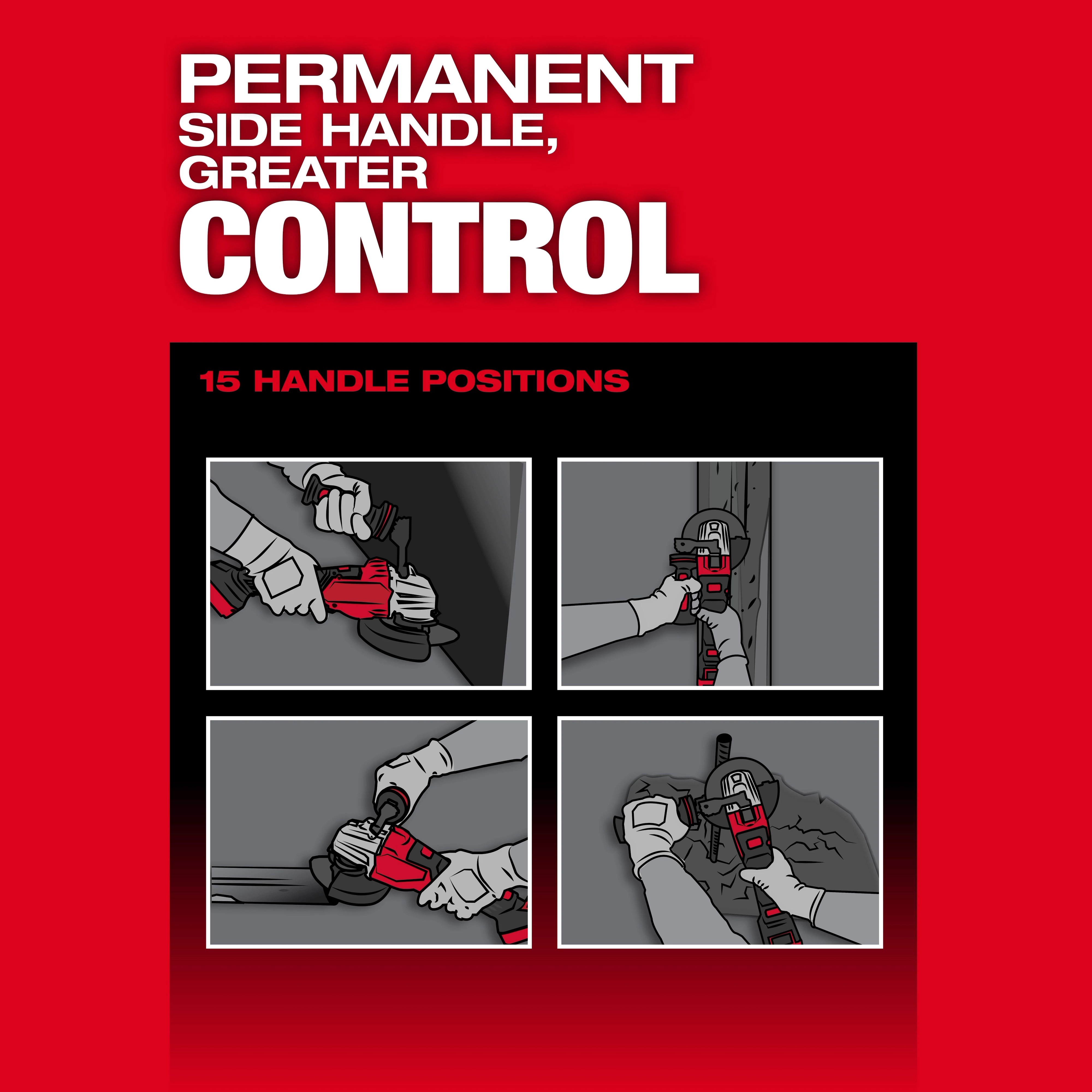 The M18 FUEL™ 4 1/2" - 6" Dual Trigger Braking Grinder, Paddle Switch w/ ONE KEY™ offers 15 handle positions for greater control. The image shows how the grinder can be held in different orientations, emphasizing its permanent side handle and adaptability.
