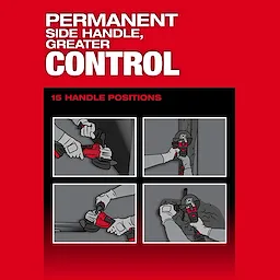 The M18 FUEL™ 4 1/2" - 6" Dual Trigger Braking Grinder, Paddle Switch w/ ONE KEY™ offers 15 handle positions for greater control. The image shows how the grinder can be held in different orientations, emphasizing its permanent side handle and adaptability.