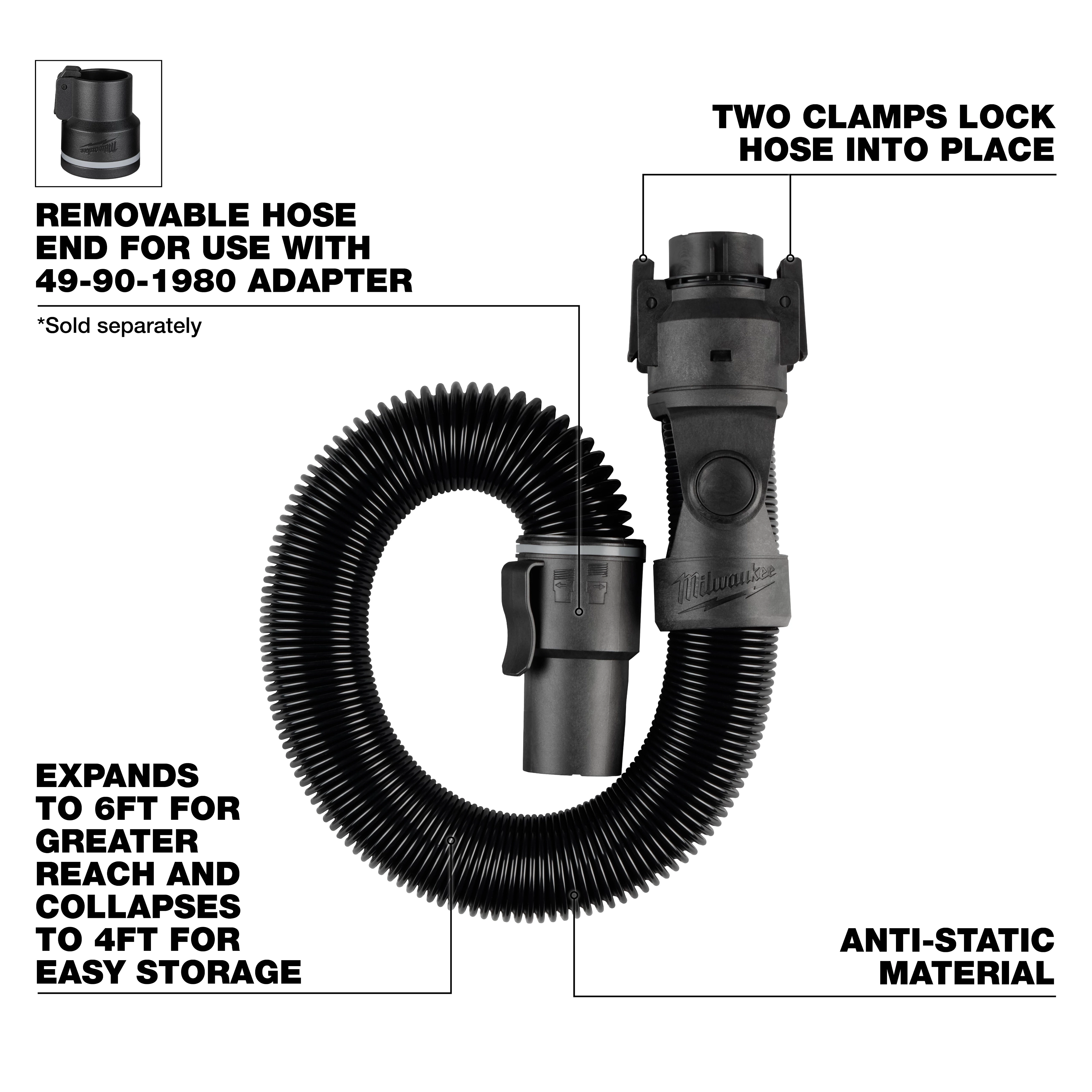 The 1-7/8" x 6' Flexible Hose features removable hose ends, two clamps for locking, and anti-static material. It expands to 6 feet for greater reach and collapses to 4 feet for easy storage. Compatibility with the 49-90-1980 adapter is indicated.