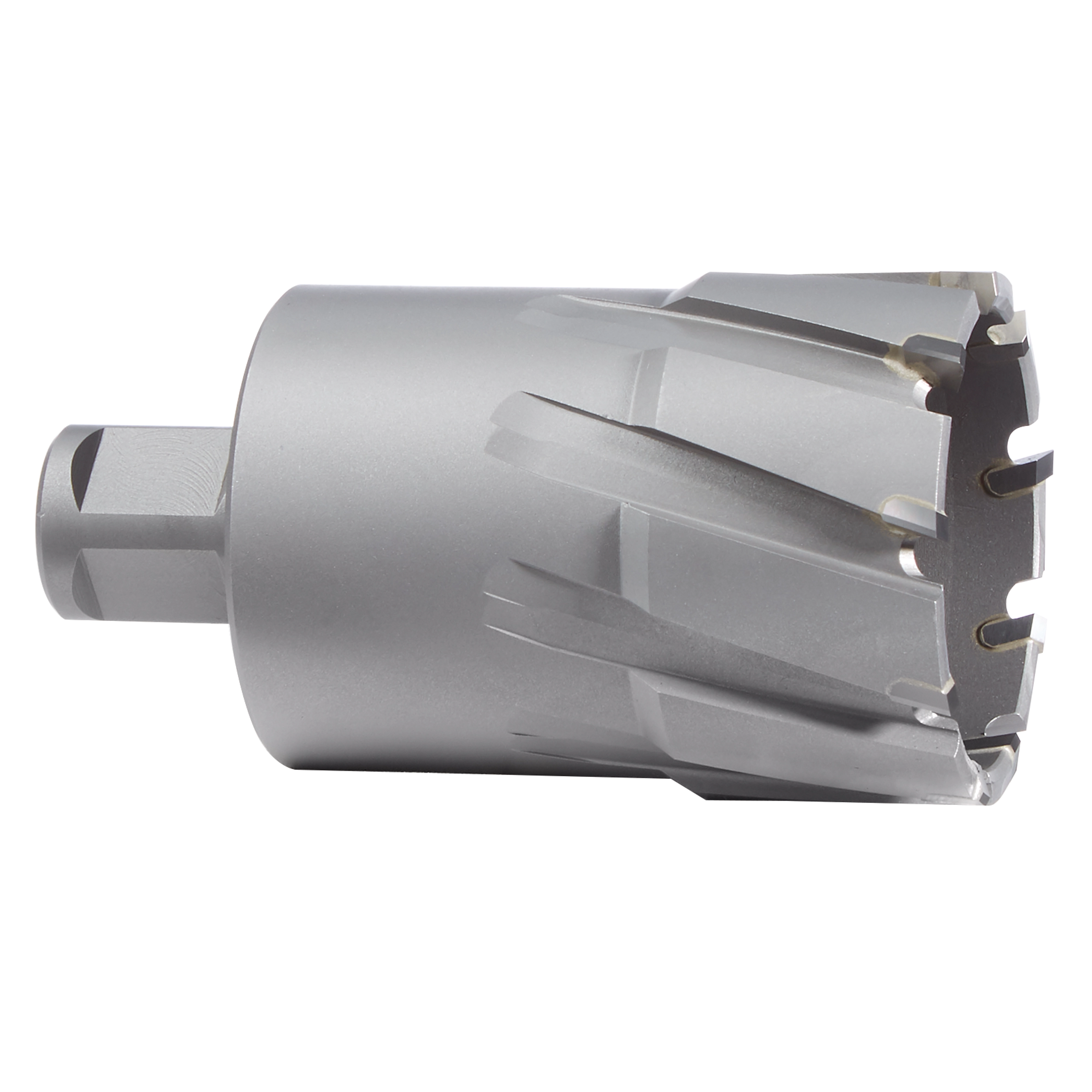 2" annular cutter with a carbide tip, featuring a silver finish and a cylindrical body with multiple cutting edges.