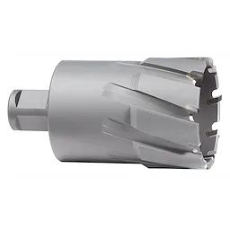 2" annular cutter with a carbide tip, featuring a silver finish and a cylindrical body with multiple cutting edges.