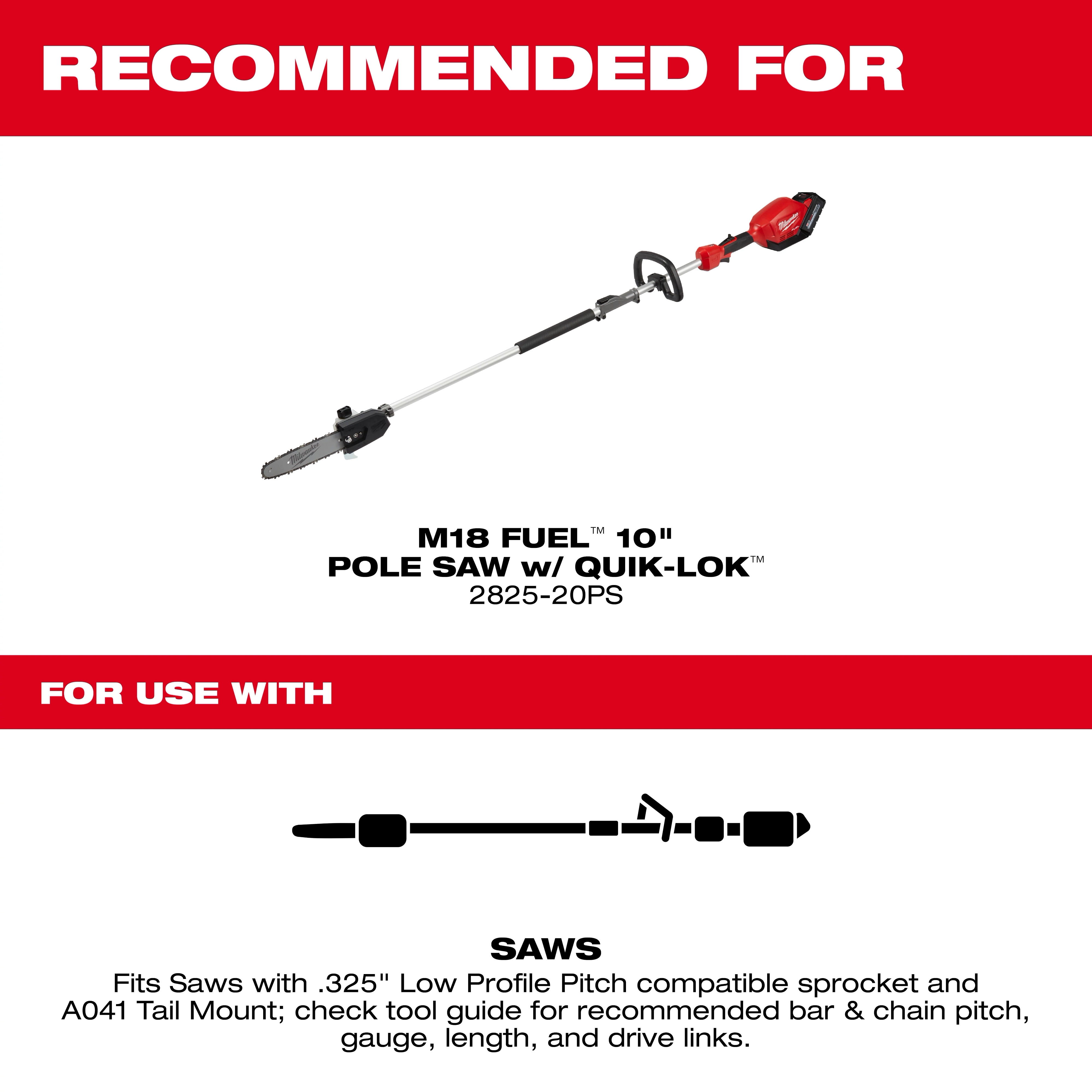 10" 3/8" LOW PROFILE Pitch, .043" Gauge Saw Chain and Guide Bar Set recommended for use with M18 Fuel 10" Pole Saw.