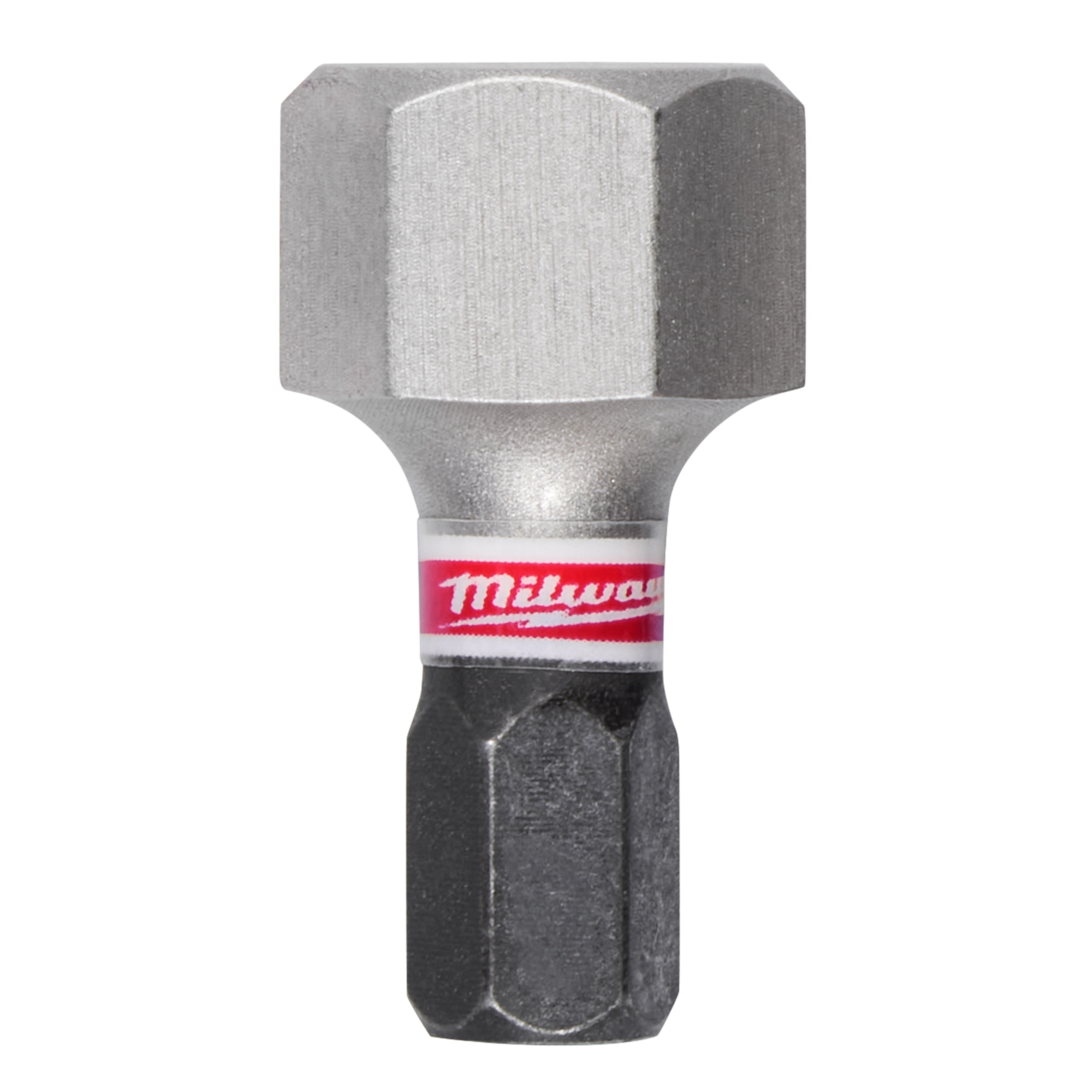 The image shows a single SHOCKWAVE™ 1" Impact Duty Hex 12 MM Insert Bit, part of the Bulk 25 set. The bit features a hexagonal head and a black lower section with a red and white “Milwaukee” logo band around it.