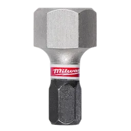 The image shows a single SHOCKWAVE™ 1" Impact Duty Hex 12 MM Insert Bit, part of the Bulk 25 set. The bit features a hexagonal head and a black lower section with a red and white “Milwaukee” logo band around it.