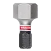 The image shows a single SHOCKWAVE™ 1" Impact Duty Hex 12 MM Insert Bit, part of the Bulk 25 set. The bit features a hexagonal head and a black lower section with a red and white “Milwaukee” logo band around it.