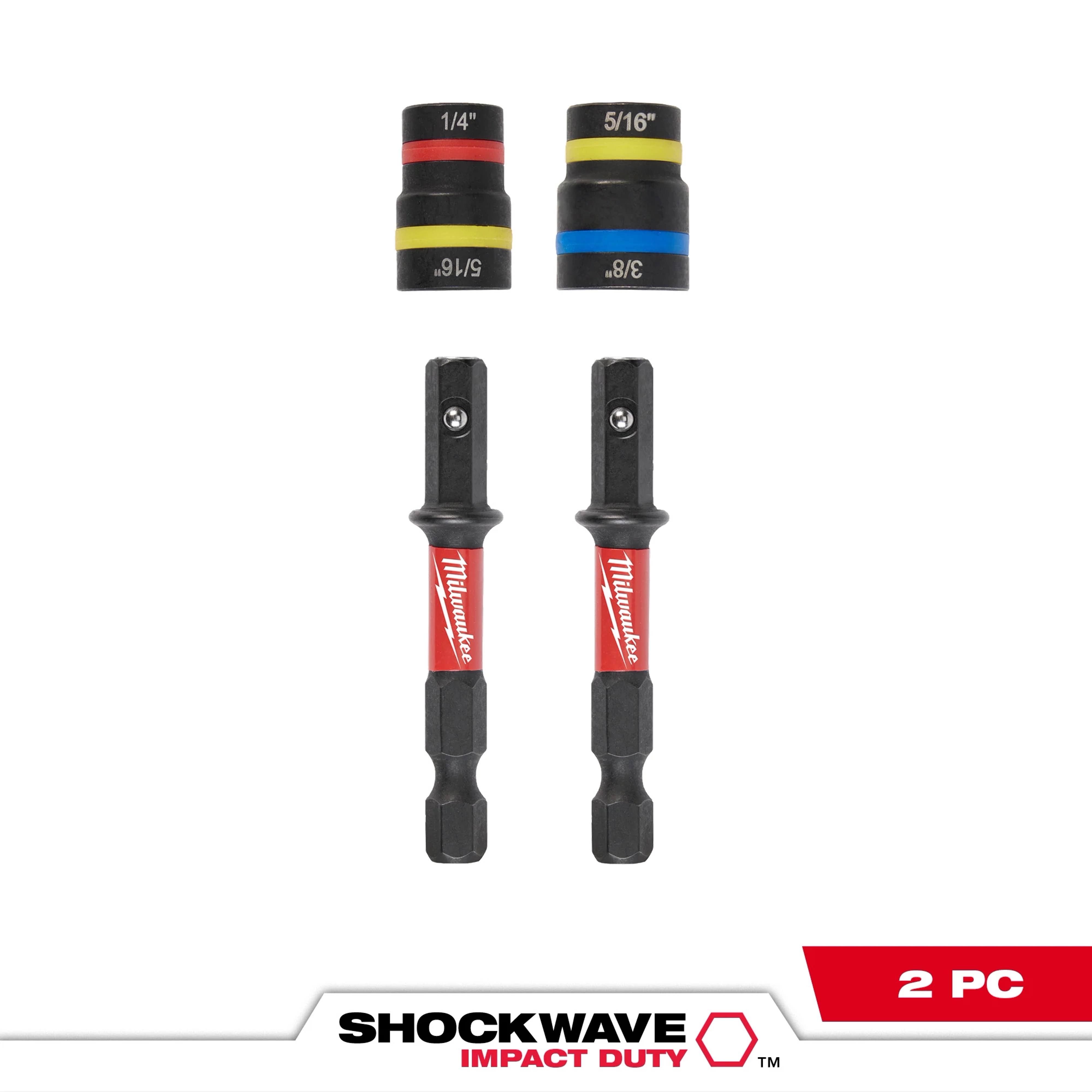 SHOCKWAVE Impact Duty QUIK-CLEAR 2-in-1 Magnetic Nut Driver Set 2PC includes two nut drivers and four replaceable sockets.