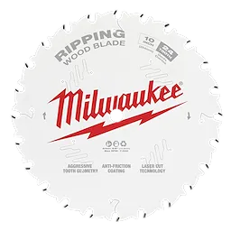 Circular Saw Blade by Milwaukee, 10-inch diameter, 24 teeth, designed for ripping wood. Features aggressive tooth geometry, anti-friction coating, and laser cut technology.