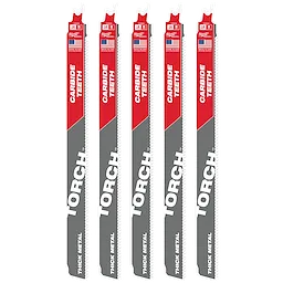 Five 12-inch TORCH™ SAWZALL® blades with carbide teeth designed for thick metal cutting are displayed vertically. Each blade features a red and gray design with the words "TORCH™ Thick Metal" and "Carbide Teeth" printed on them. The blades are packaged in a set of five.