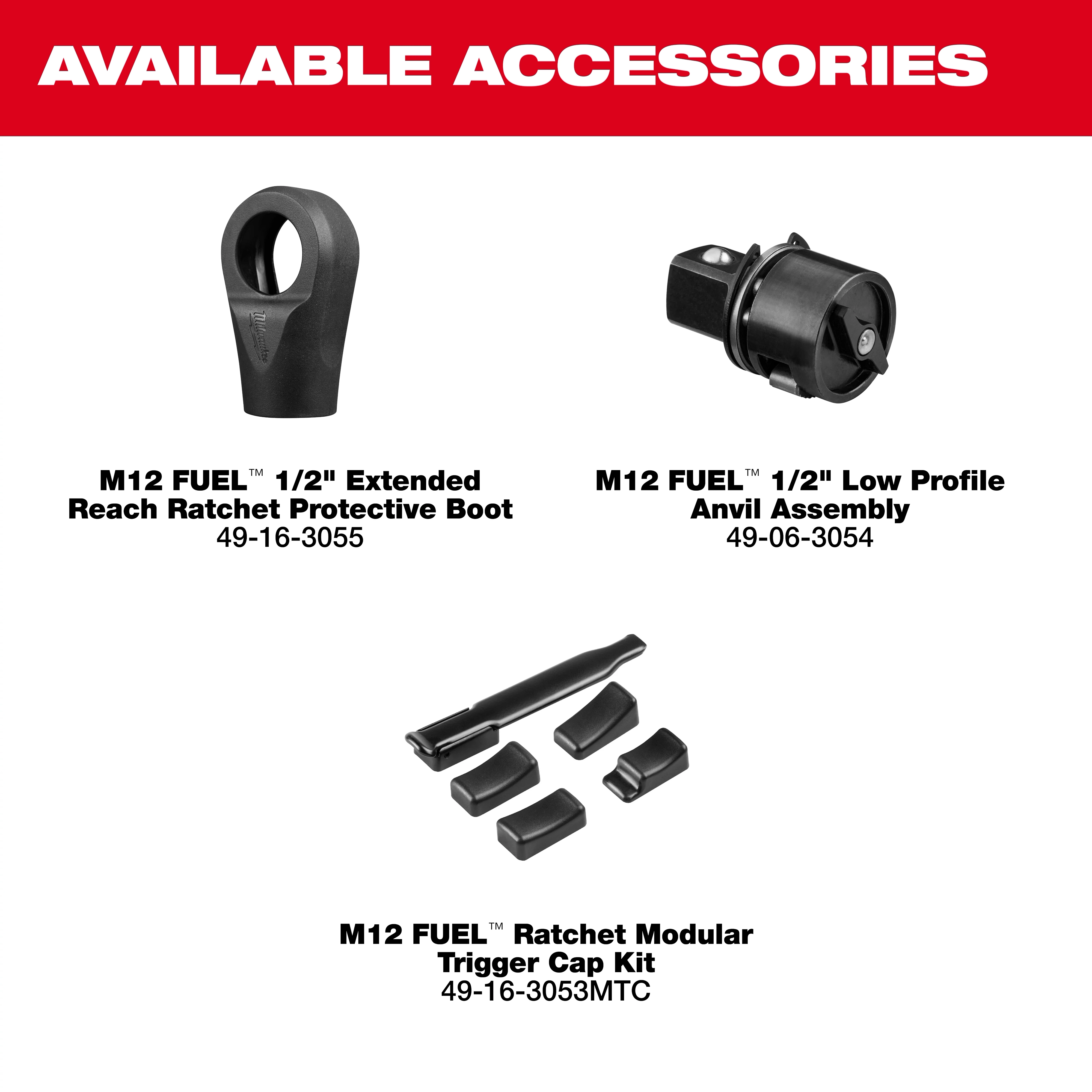Accessories for the M12 FUEL 1/2" Extended Reach Ratchet displayed on a plain background.
