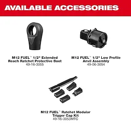 Accessories for the M12 FUEL 1/2" Extended Reach Ratchet displayed on a plain background.