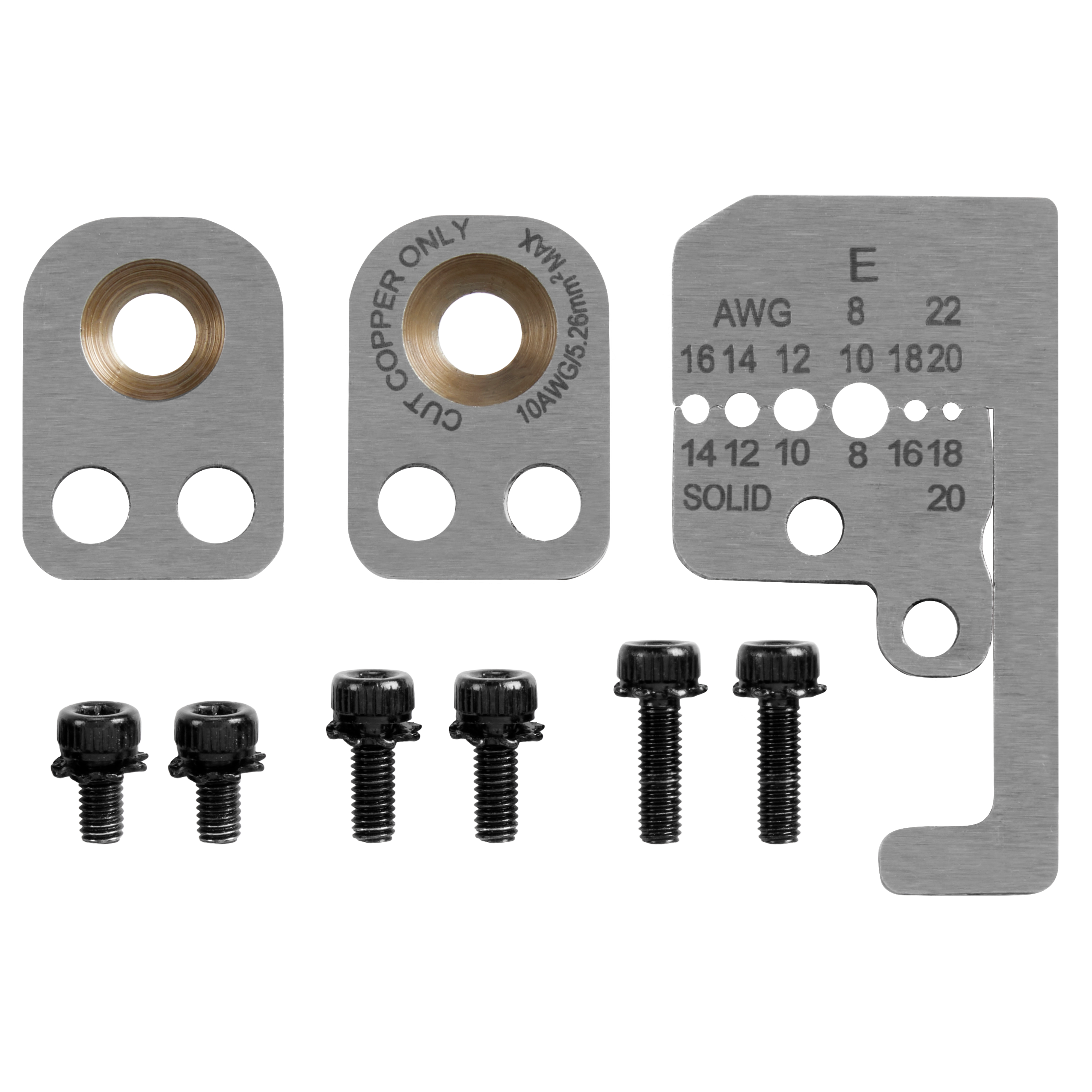 8-20 AWG Automatic Wire Stripper Replacement Blade Kit includes precision blades and black screws on a white background.