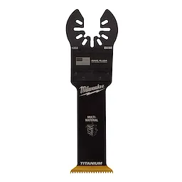 Milwaukee OMT Blades, 1-1/4" BIM TIN Wood with Nails Blade has a black body, American flag mark, and titanium teeth for multi-material cutting.