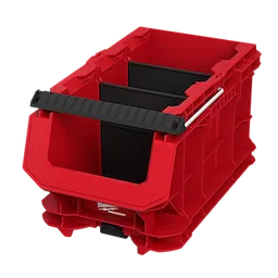 Red PACKOUT Compact Crate with an open front, black handle, and two internal dividers for organized storage and transport.