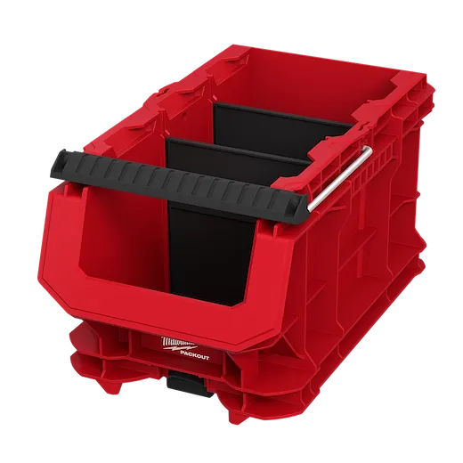 Red PACKOUT Compact Crate with an open front, black handle, and two internal dividers for organized storage and transport.