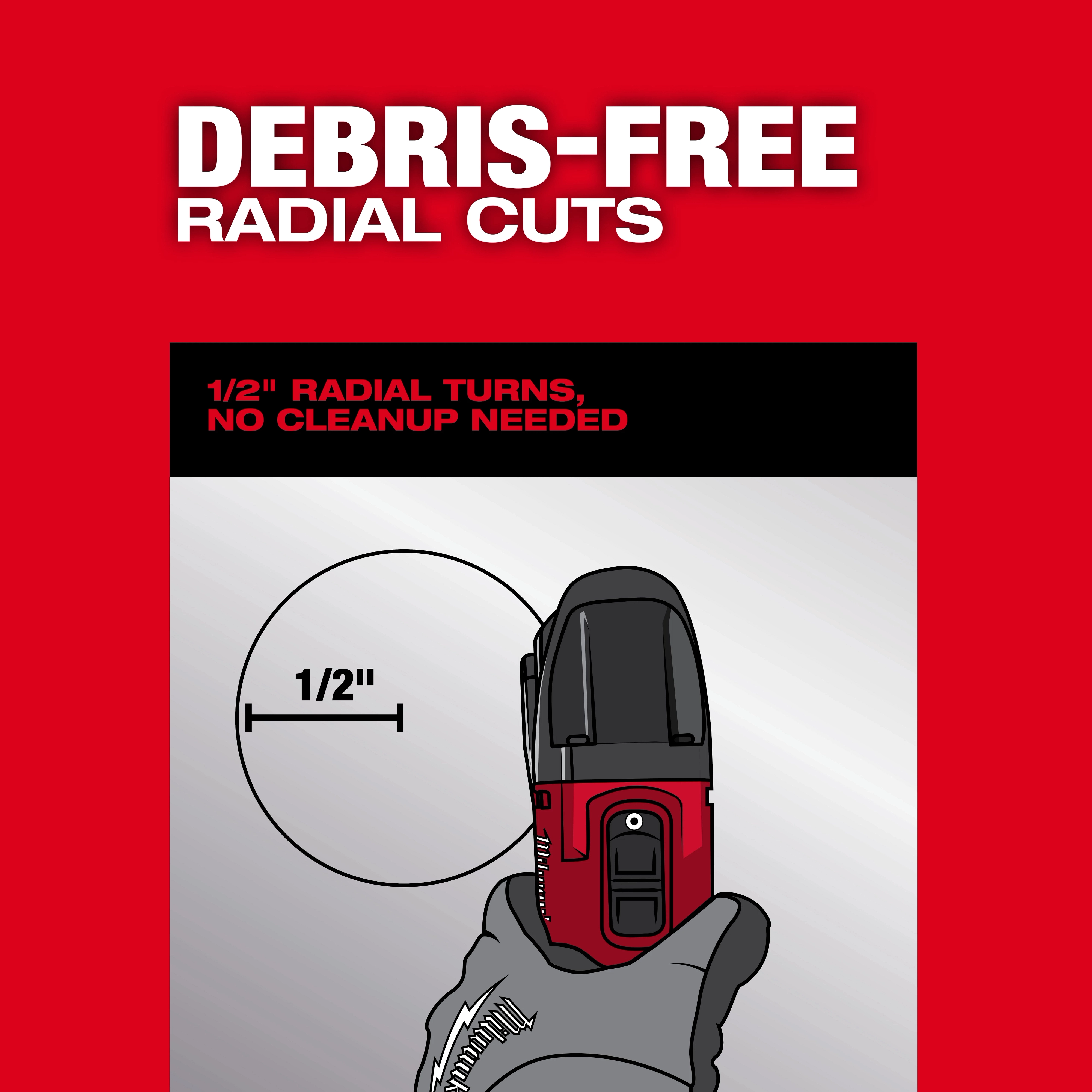 Gloved hand holding an M12 FUEL 16 Gauge Scroll Shear making a 1/2 inch radial cut.