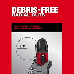 Gloved hand holding an M12 FUEL 16 Gauge Scroll Shear making a 1/2 inch radial cut.