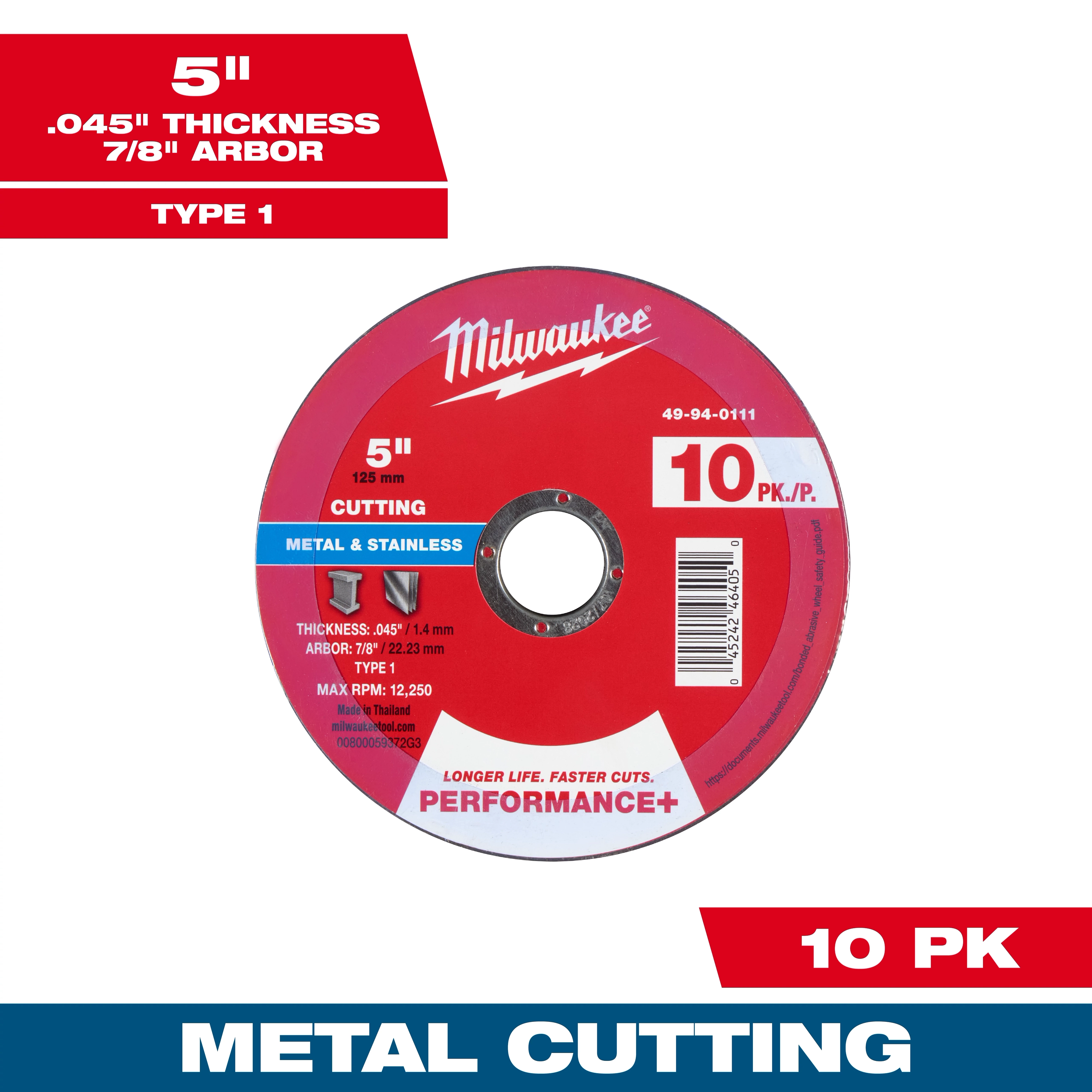 5" x .045" x 7/8" Performance+ Metal Cut Off Wheel - Type 1 - 10pk displayed with specifications and branding on a red disk.