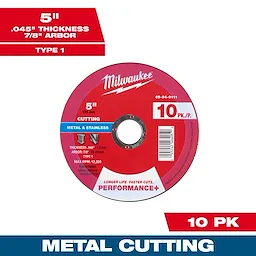 5" x .045" x 7/8" Performance+ Metal Cut Off Wheel - Type 1 - 10pk displayed with specifications and branding on a red disk.
