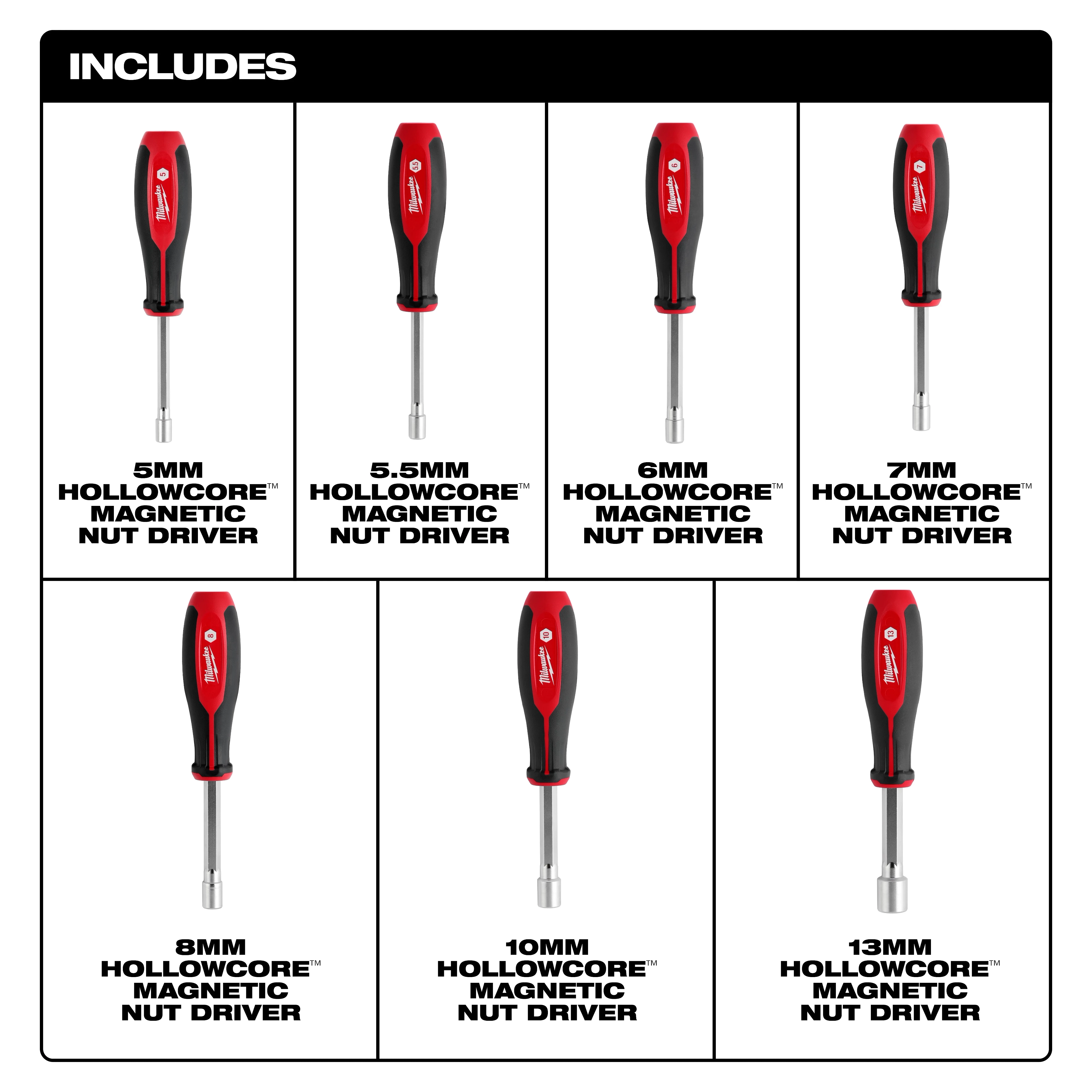 7pc Metric HollowCore Magnetic Nut Driver Set includes 5mm, 5.5mm, 6mm, 7mm, 8mm, 10mm, and 13mm magnetic nut drivers with red and black handles.