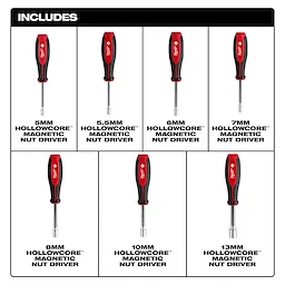 7pc Metric HollowCore Magnetic Nut Driver Set includes 5mm, 5.5mm, 6mm, 7mm, 8mm, 10mm, and 13mm magnetic nut drivers with red and black handles.