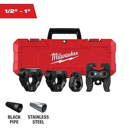 Red Milwaukee case with four metal pipe pressing jaws for different sizes, ranging from 1/2 inch to 1 inch. Image includes icons indicating the jaws' use on black pipe and stainless steel.