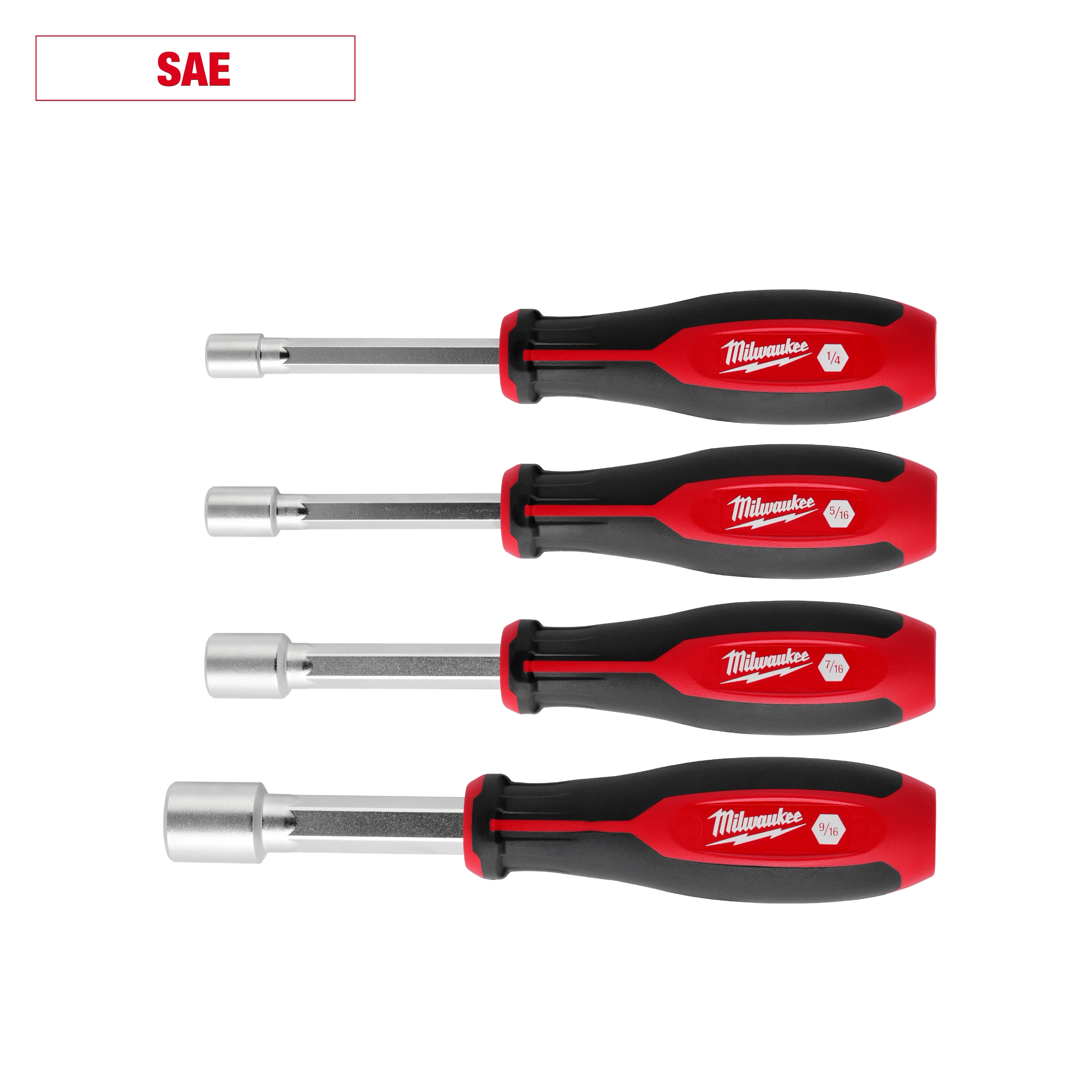 4pc SAE HollowCore Nut Driver Set with red and black handles, includes sizes 1/4", 5/16", 3/8", and 7/16".