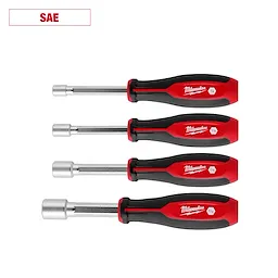 4pc SAE HollowCore Nut Driver Set with red and black handles, includes sizes 1/4", 5/16", 3/8", and 7/16".