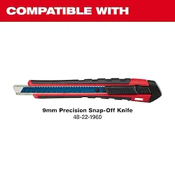 9mm Precision Snap-Off Knife 48-22-1960 with red, black, and blue design under text reading "COMPATIBLE WITH" against a white background.