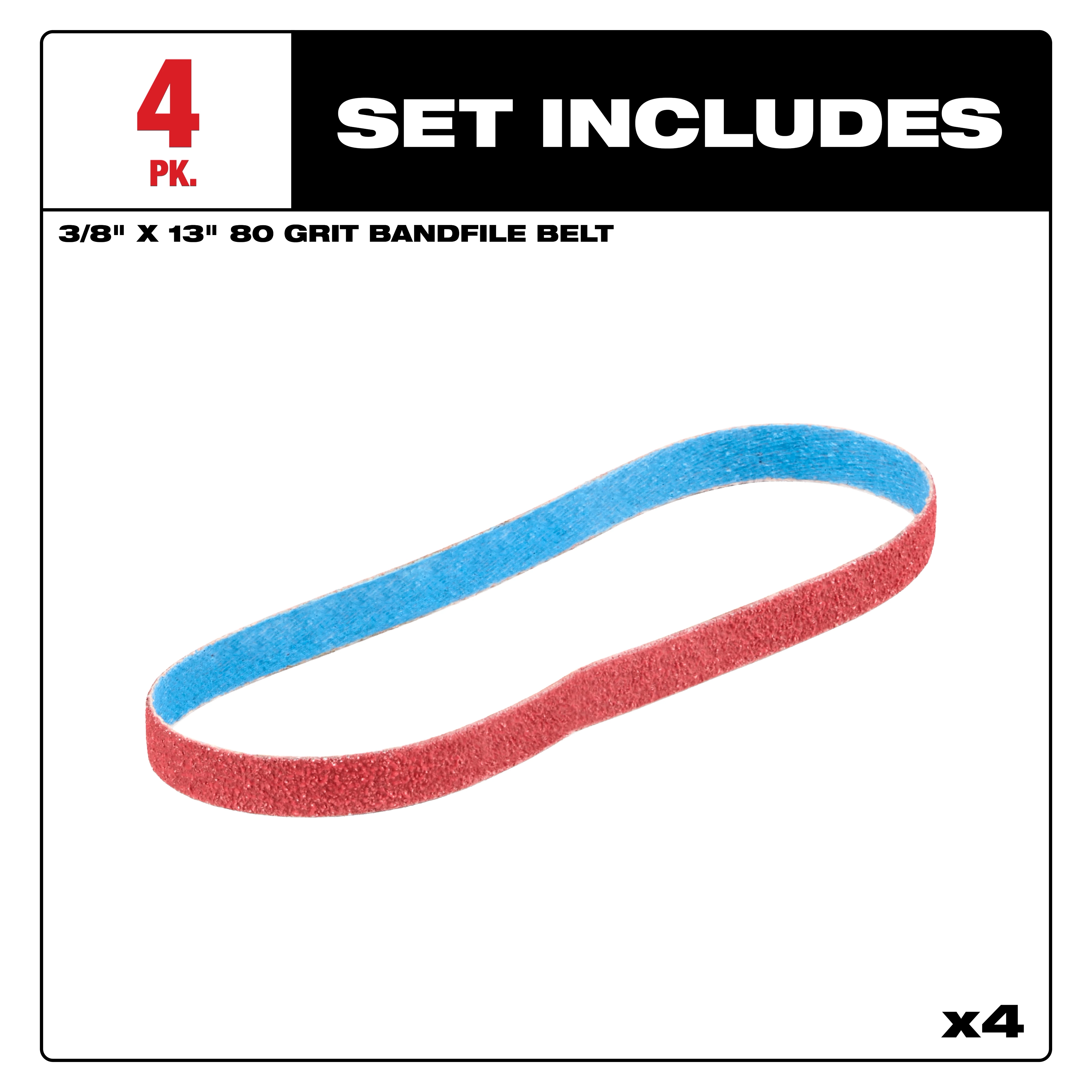 Includes image of the Milwaukee 3/8" x 13" 80 Grit Bandfile Belt