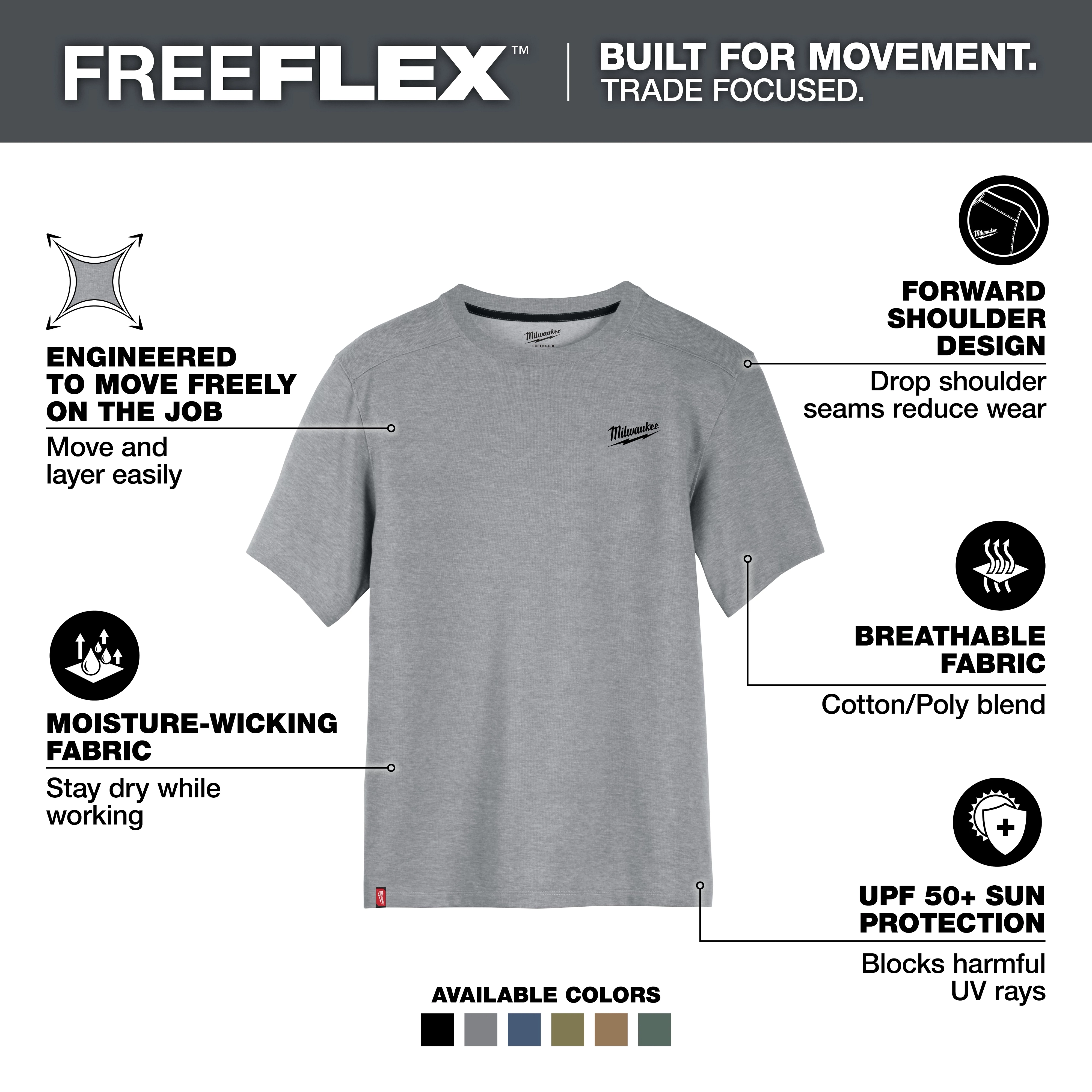 FREEFLEX Hybrid Work Tee - Short Sleeve, gray, moisture-wicking, breathable cotton/poly blend, forward shoulder design, UV protection, available in multiple colors.