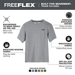 FREEFLEX Hybrid Work Tee - Short Sleeve, gray, moisture-wicking, breathable cotton/poly blend, forward shoulder design, UV protection, available in multiple colors.