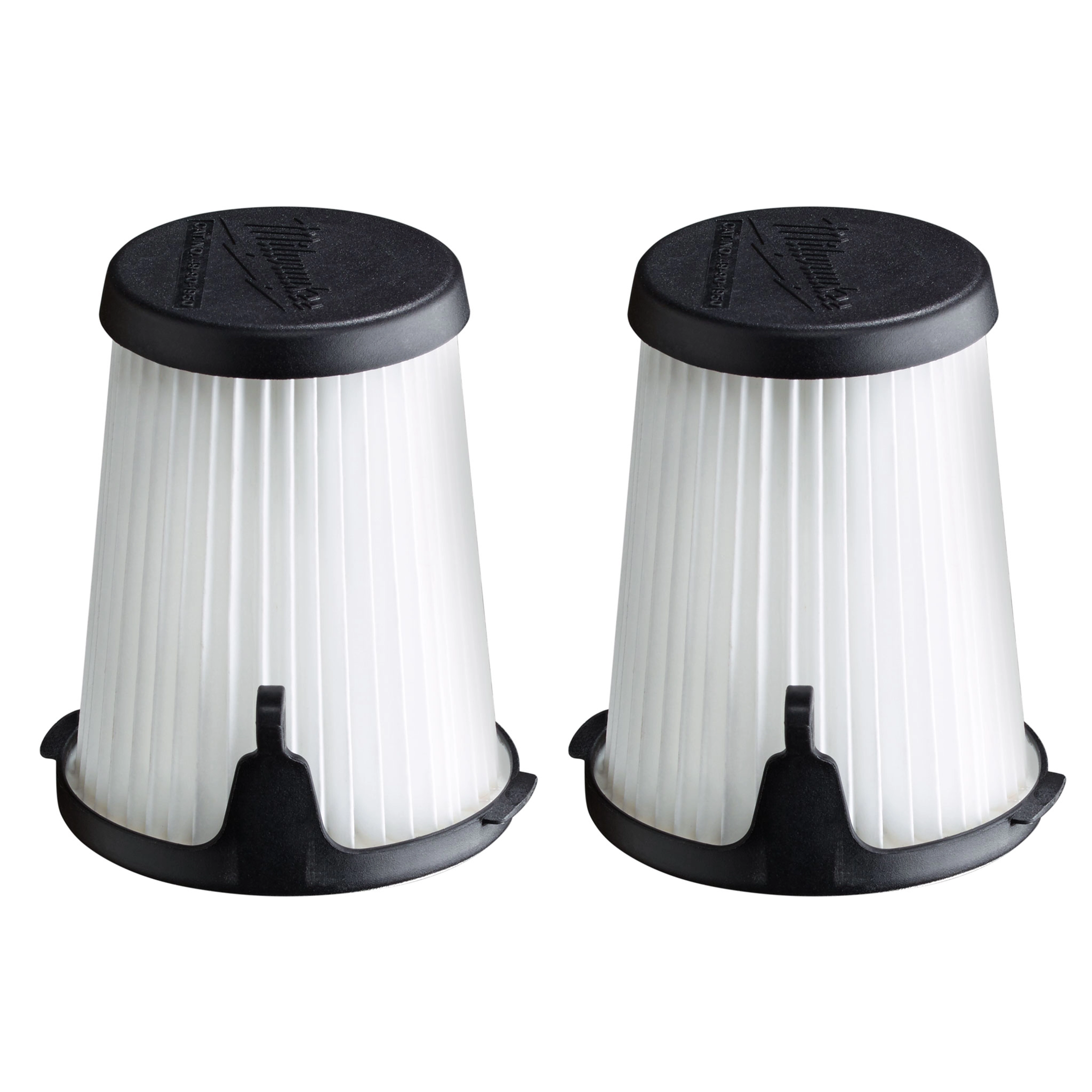 Two cylindrical 2%20pc.%20Filter%20Replacement units with black tops and pleated white sides, designed for dust extraction systems. The bottom has a black plastic base and a latch for secure attachment.