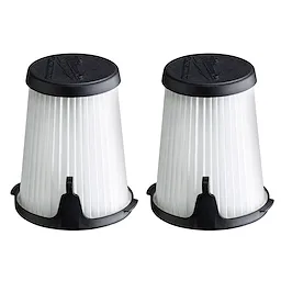 Two cylindrical 2%20pc.%20Filter%20Replacement units with black tops and pleated white sides, designed for dust extraction systems. The bottom has a black plastic base and a latch for secure attachment.