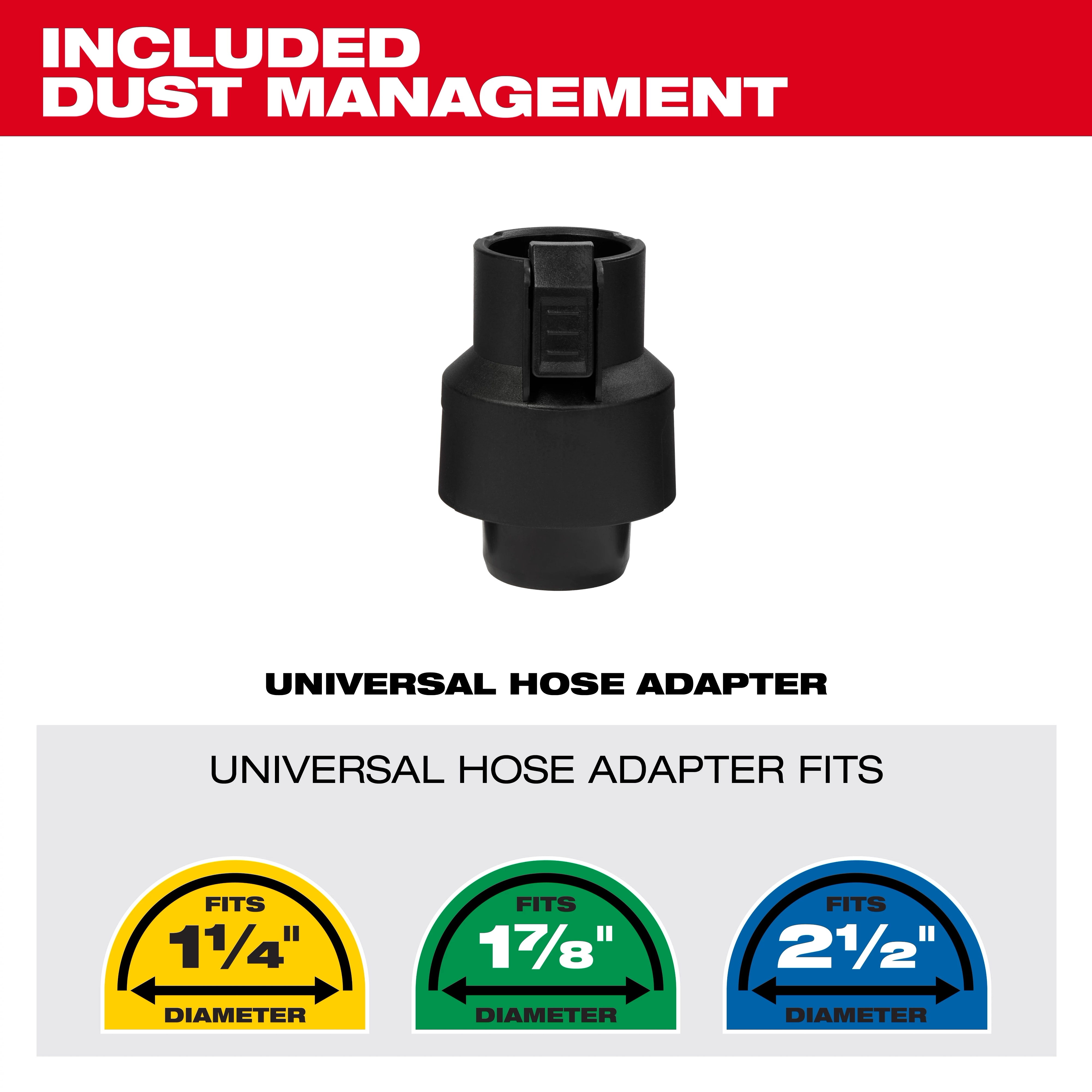 Universal hose adapter shown with fit sizes for M12 FUEL 6" Random Orbital Sander (3/32") and (3/16").