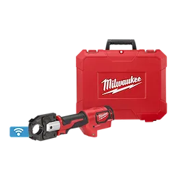 The M18™ FORCE LOGIC™ 600 MCM Crimper with #8 - 750 MCM Cu Dies features a red and black handheld crimping tool and is shown next to a rugged red carrying case bearing the Milwaukee logo. The tool includes a small blue Wi-Fi symbol.