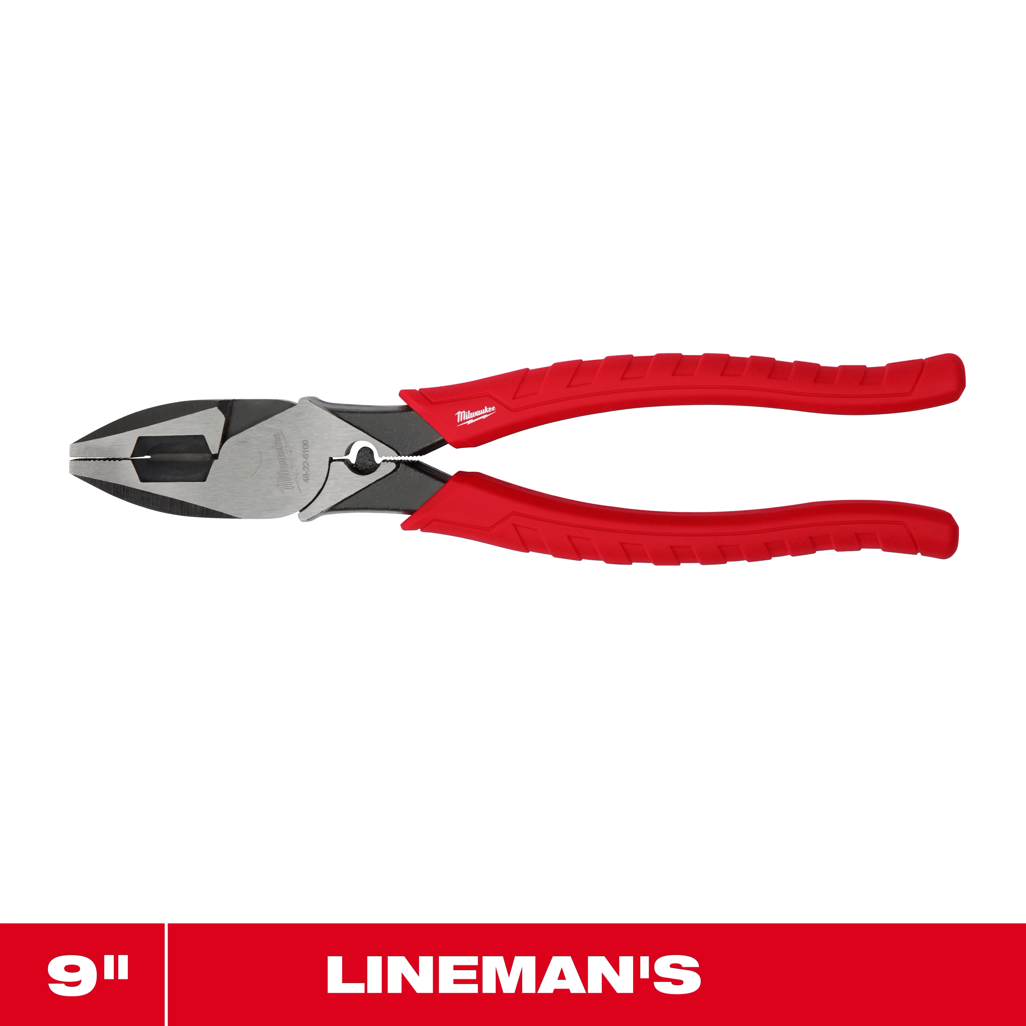 9" High Leverage Lineman's Pliers w/ Crimper with red handles centered on a white background.