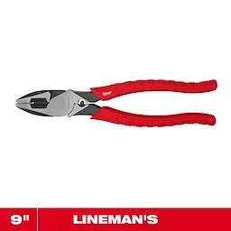 9" High Leverage Lineman's Pliers w/ Crimper with red handles centered on a white background.