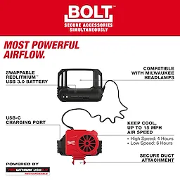 BOLT REDLITHIUM USB Cooling Fan with a swappable USB 3.0 battery, USB-C charging port, and compatibility with Milwaukee headlamps.