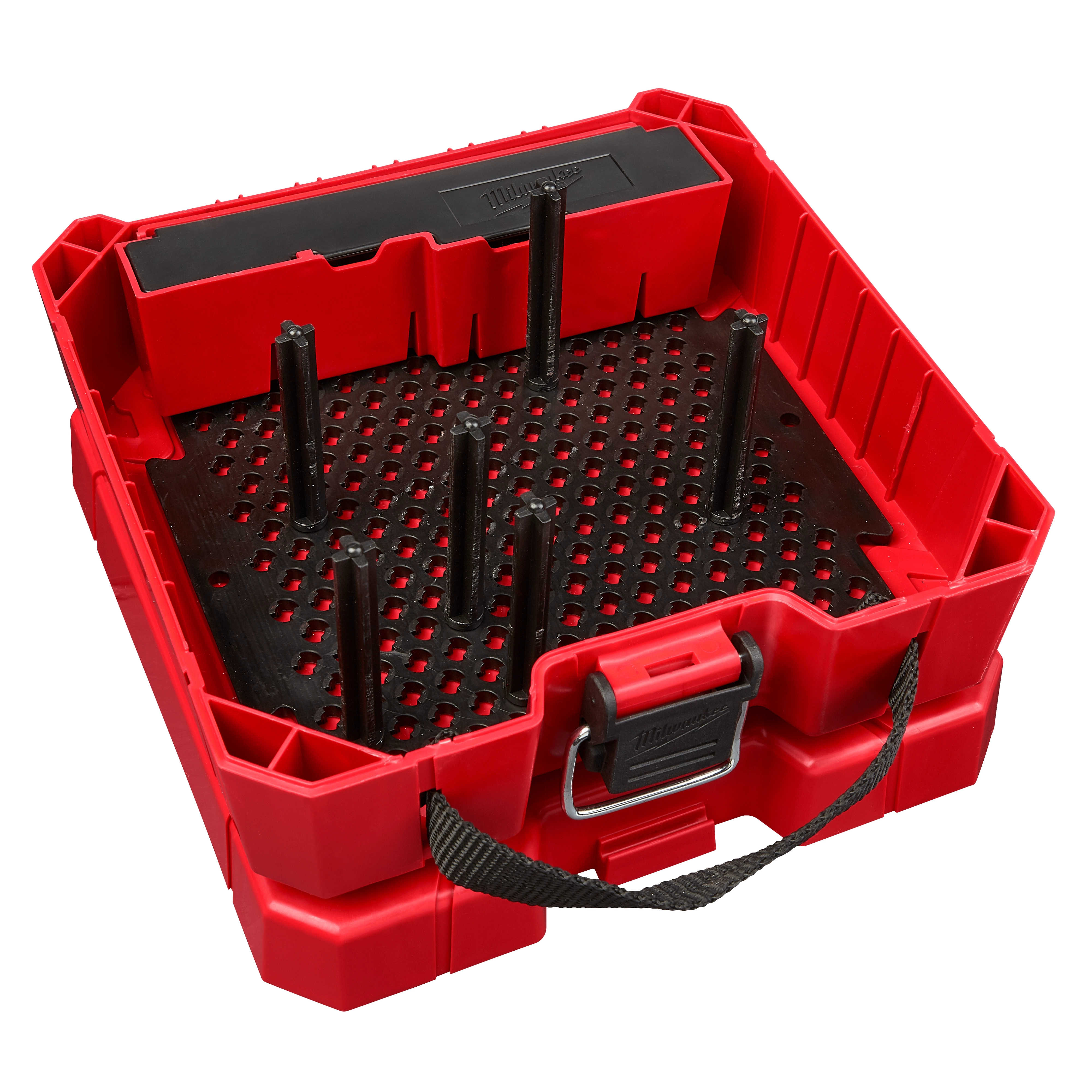 Red Hole Dozer Empty Kit Case with black interior, six vertical posts for tool organization, silver clasp, and fabric strap handle.