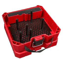 Red Hole Dozer Empty Kit Case with black interior, six vertical posts for tool organization, silver clasp, and fabric strap handle.