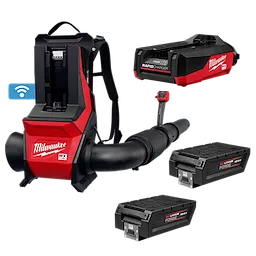 The image shows the MX FUEL™ Backpack Blower kit, which includes a red and black backpack blower with hose, two batteries, and a supercharger. The logo and branding for Milwaukee are visible on the blower and charger.